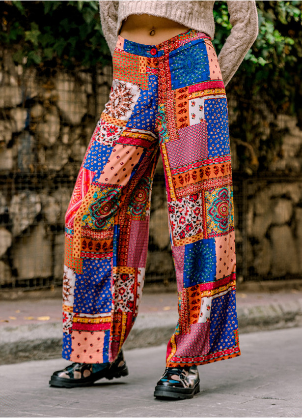 Palazzo Yüksek Bel Bol Kesim Kırmızı Desenli Pantolon 6580